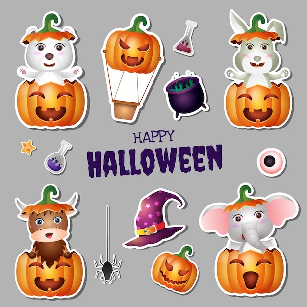 Stickers halloween-collectie met schattige ijsbeer, konijn, buffel en olifant