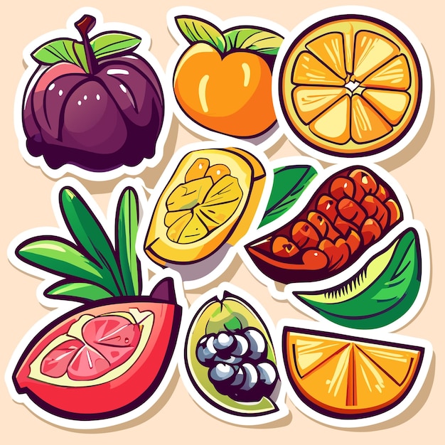 Stickers of hand drawn fruits or summer fruits stickers collection