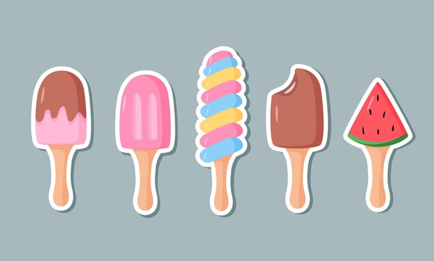 Vector stickers ice cream and berries set of cartoon icons vector color illustration