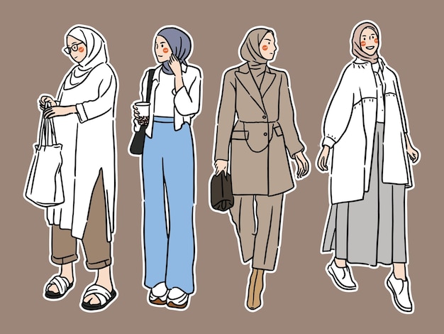 Stickers instellen moderne moslim jonge vrouw die een hijab draagt