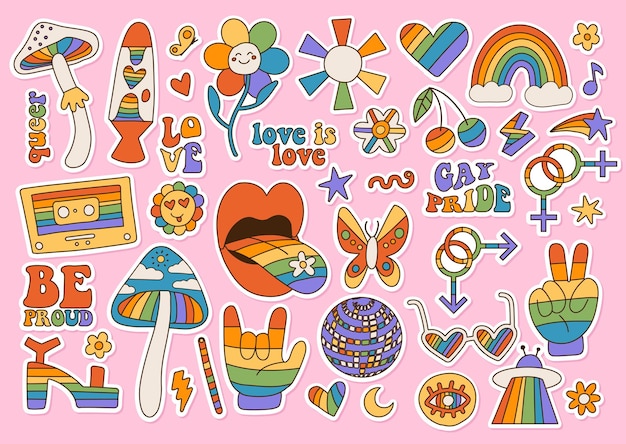 Stickers kit with lgbtq community symbols with retro rainbow flag colored elements pride symbols gen