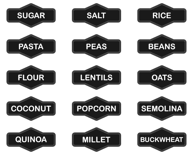 Stickers, labels for jars of cereals.Set of 15 vector stickers with the names of cereals in English.