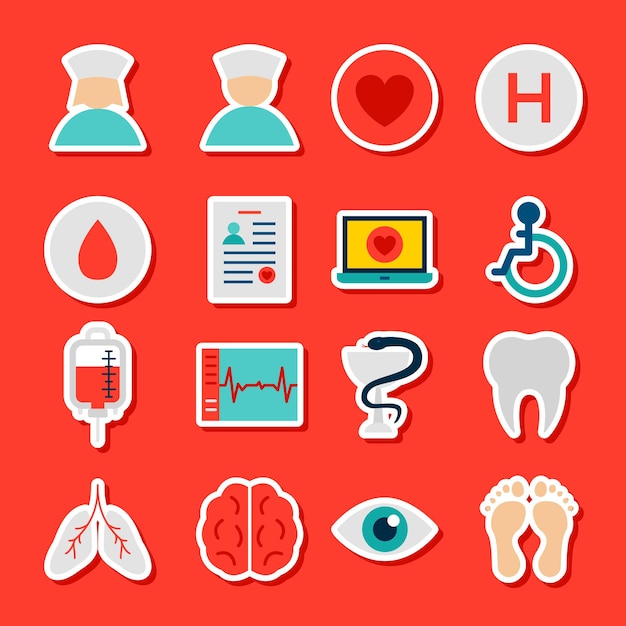 Stickers medisch ziekenhuis. Vector illustratie vlakke stijl. Verzameling van gezondheidssymbolen.