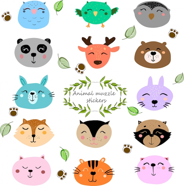 Stickers met schattige dierenmuilkorven. Wilde dieren portret ingesteld met platte ontwerp.