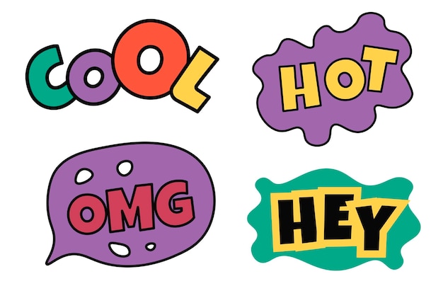 Vector stickers met tekst cool hot omg en hey pack