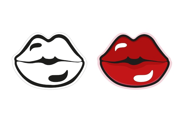Вектор Наклейки губ с красной губой и черным контуром с надписью поцелуй.