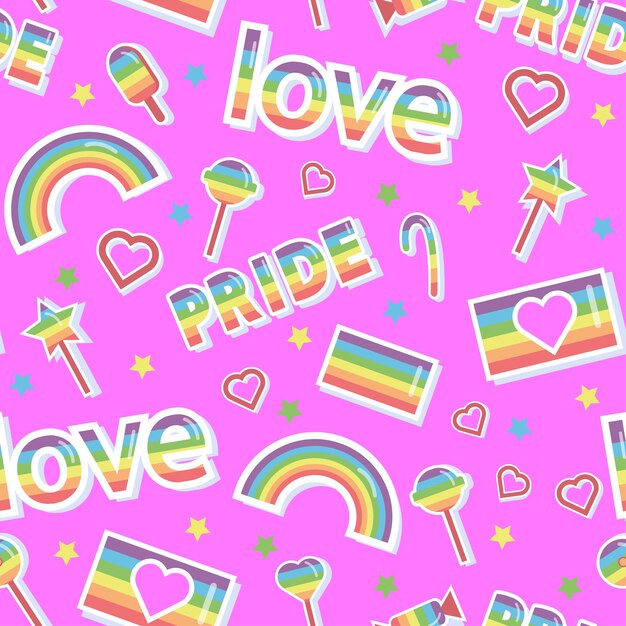 Stickers on a pink background. Seamless pattern. LGBT pride associated with LGBT symbols. Love, rainbow, flags, rainbow lollipops.