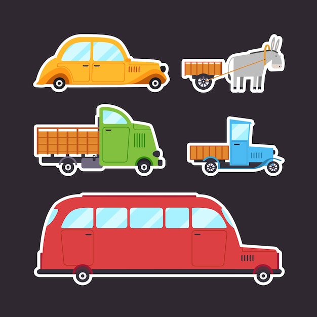 Vector stickers of retro vehicles in cartoon style.