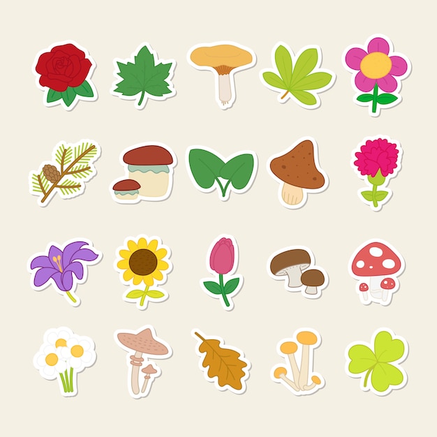 Vector stickers set of cute plants and mushrooms.