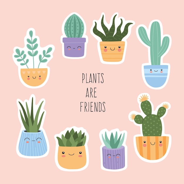 Vector stickers set of cute succulents cactus with smiling face