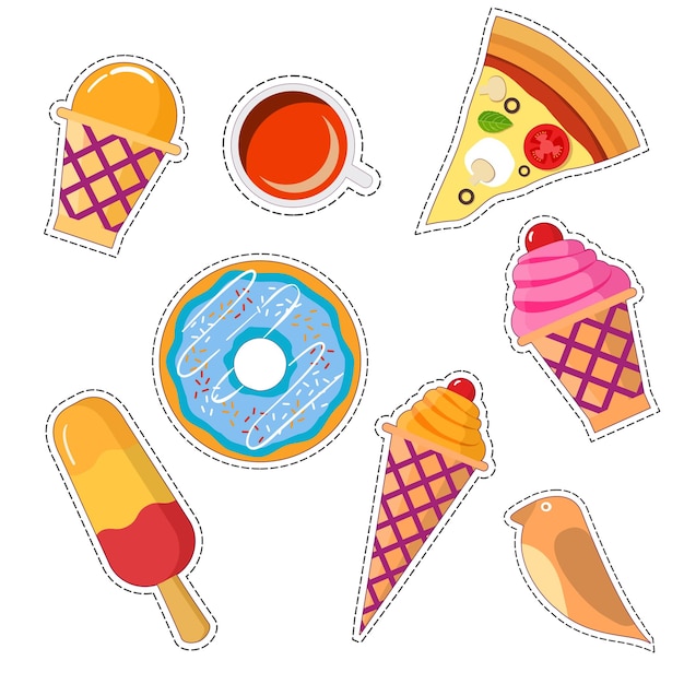 Stickers set of food patch in pop art Wafer cup of ice cream