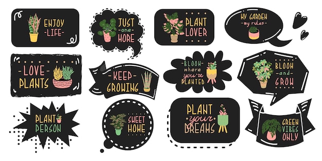 Vector stickers set met planten zinnen trendy kamerplanten en motivatie citaten hand tekening afdrukontwerp huis en briefpapier decor vlakke stijl in vectorillustratie geïsoleerde elementen