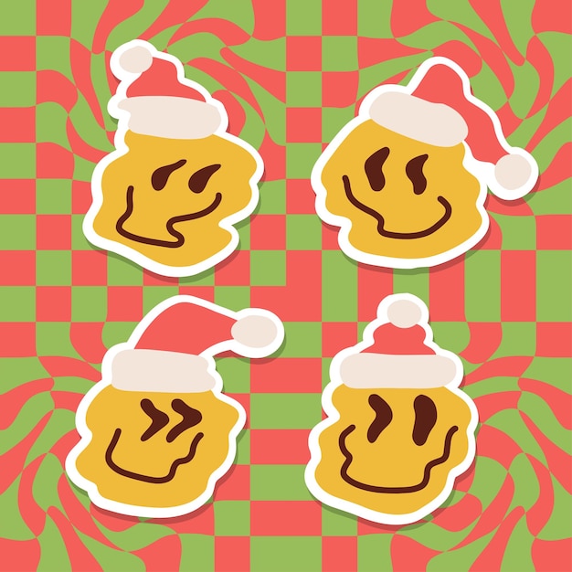 Stickers set van gesmolten gesmolten emoji-gezicht met kerstmuts doodle art s retro illustratie voor tshir