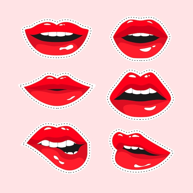 Vector stickers set van rode vrouwelijke lippen vrouwen mond die verschillende emoties uitdrukken kus glimlach bijtende lip