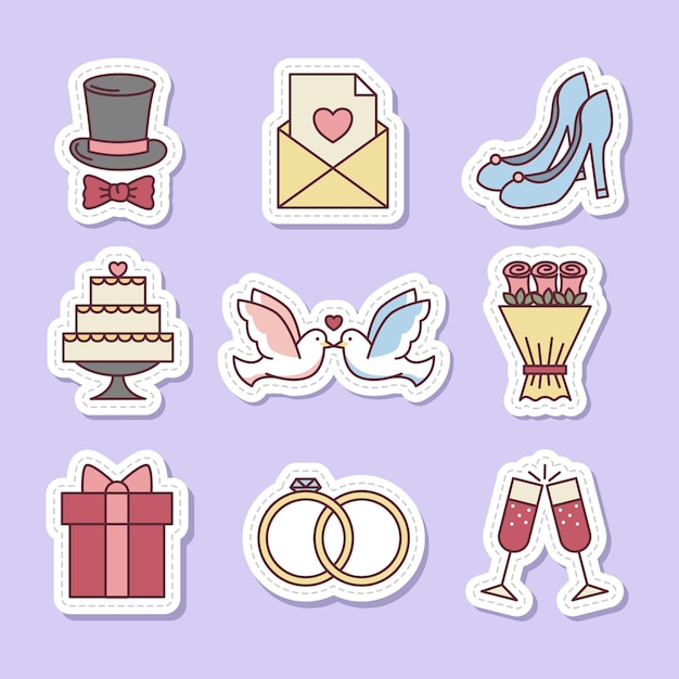 stickers set of wedding icons or items vector illustrations on purple or lilac background