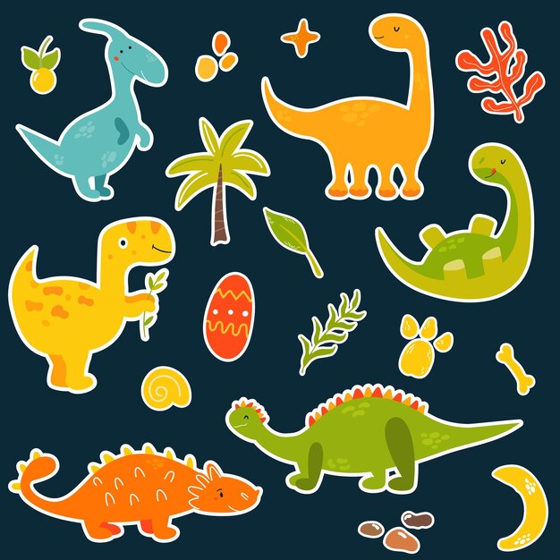 Vector stickers set with cartoon cute dinos