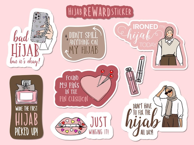 Stickers set with objects and a modern Muslim young woman wearing a hijab reward