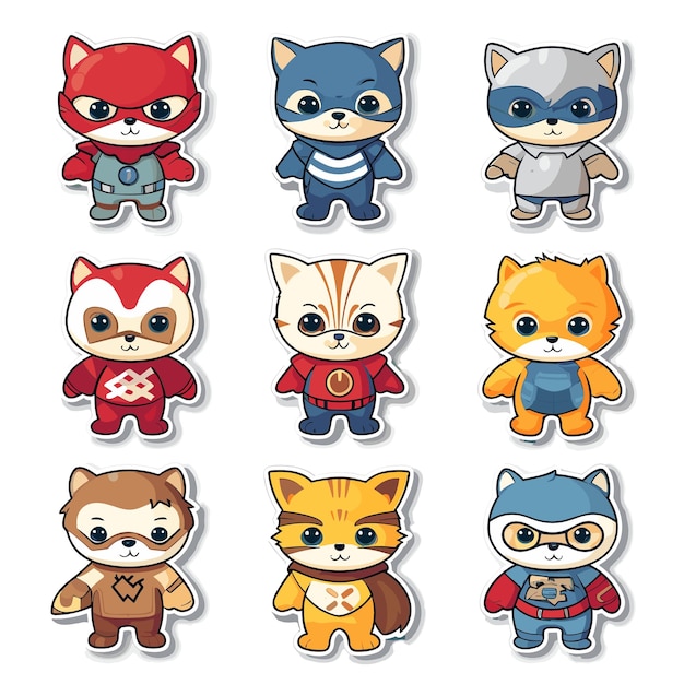 Stickers sheet collection cute cat superheroes characters vectors set