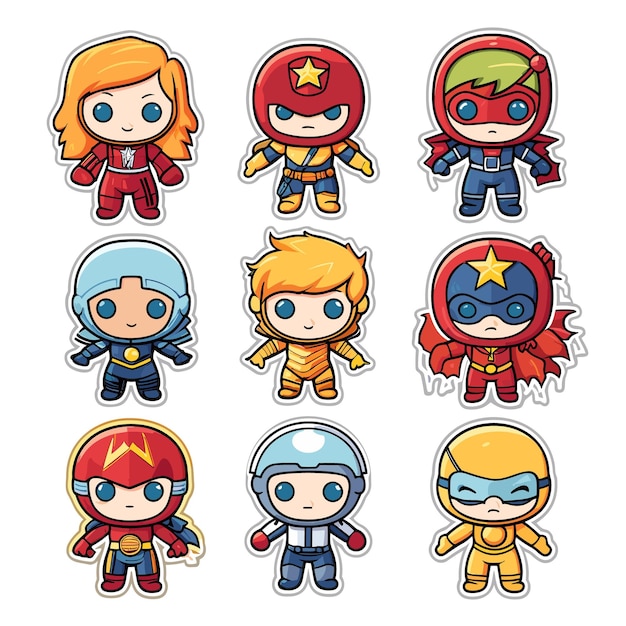 Stickers sheet collection cute superheroes characters vectors set