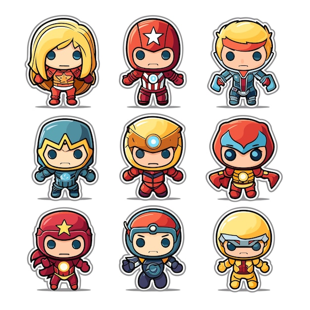 Stickers sheet collection cute superheroes characters vectors set