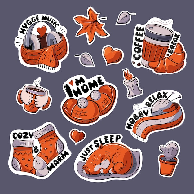 Stickers, theme and style of hygge. A set of cozy pictures.