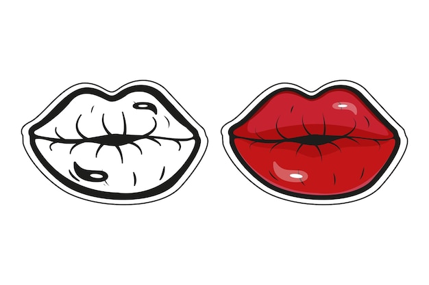 Vector stickers of two lips with red lips and the word love on them.