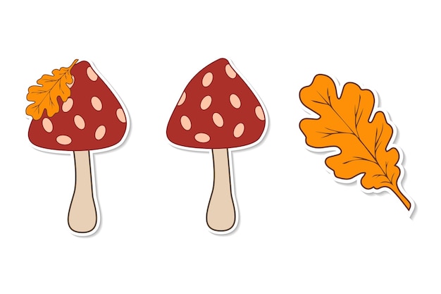 Stickers van paddestoelvliegenzwam en eikenblad. Schattige cartoon herfst seizoensgebonden set.