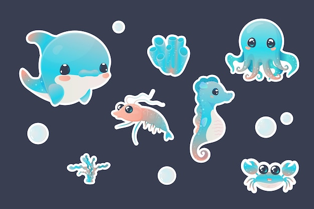 stickers vector illustration sea dwellers creatures illustration on white isolated background