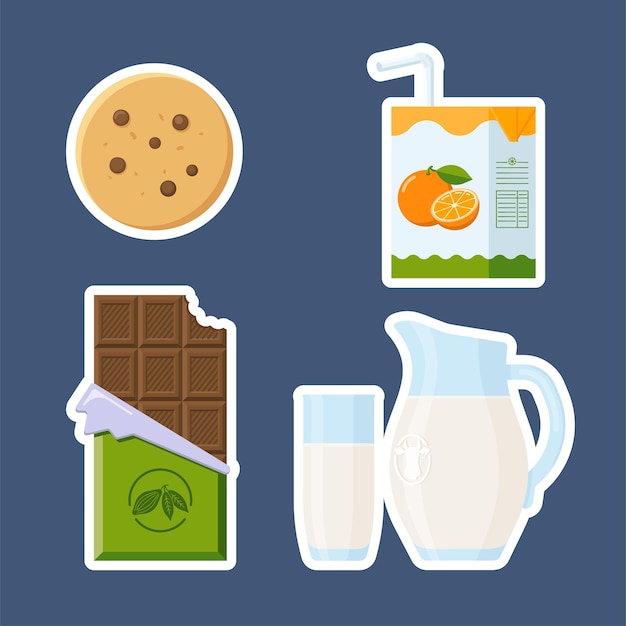 Stickers voor kindersnacks. inzameling van vlakke de pictogrammenkoekje, chocolade en melk van de stijlmaaltijd in verschillend pakket voor embleem, etiket; print, recept, menu, decor en decoratie. premium vector