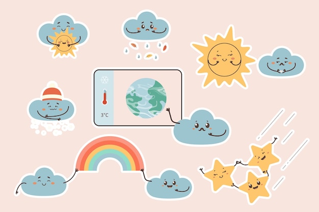 Наклейки погоды мультфильм персонаж набор клип-арт векторная иллюстрация на белом изолированном фоне