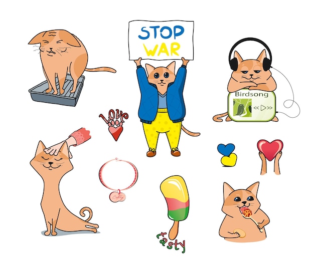 Stickers with a cute ginger cat various situations the cat poops protests eats
