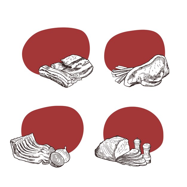 Stickers with place for text with hand drawn monochrome meat elements