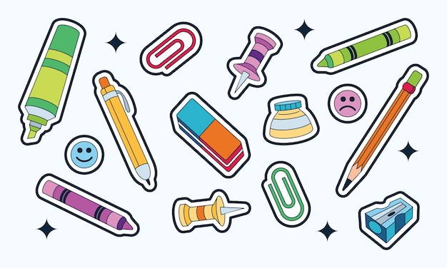 Vector stickers with school supplies collection. back to school