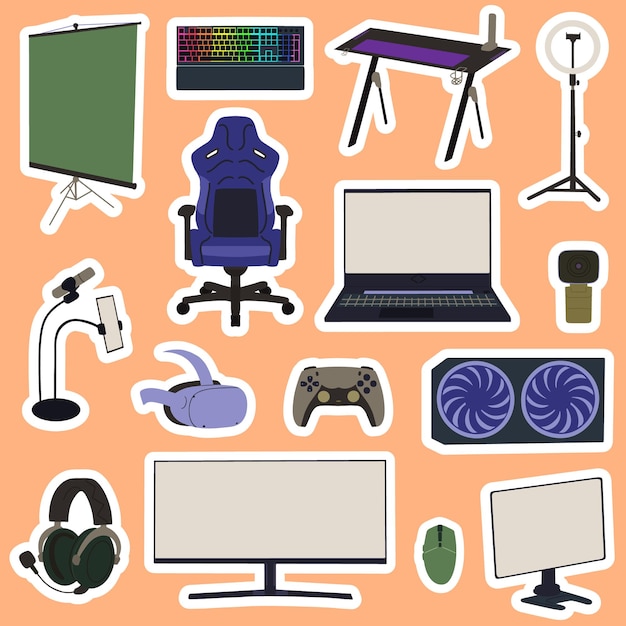 Vector stickerscollectie met gamestreamerelementen digitale apparatuur om te spelen of te werken concept cyberspace-technologie pc-monitor muiscontroller professionele apparaatset vectorillustratie