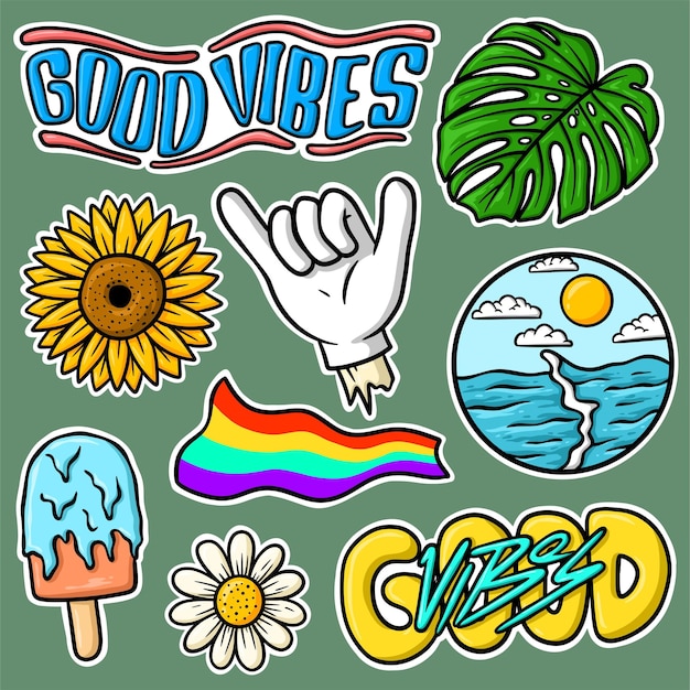 Stickerset Handgetekende Good Vibes Cartoon afbeelding