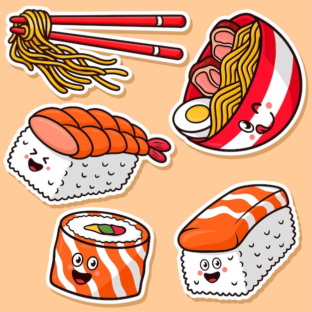 Stickerset Japans eten Cartoon vectorillustratie