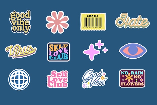 Stickerset Leuke vectorsjabloon versierd met cartoonafbeelding en esthetische citaten grafisch ontwerp