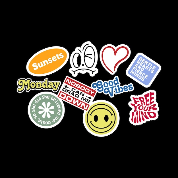 Stickerset Leuke vectorsjabloon versierd met cartoonafbeelding en esthetische citaten grafisch ontwerp