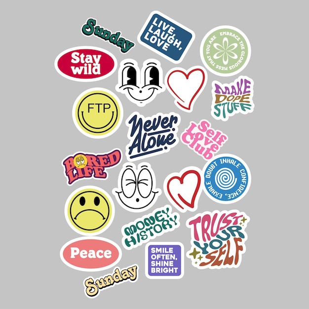 Stickerset Leuke vectorsjabloon versierd met cartoonafbeelding en esthetische citaten grafisch ontwerp