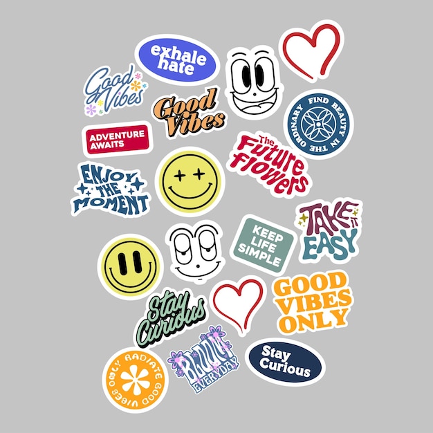 Stickerset Leuke vectorsjabloon versierd met cartoonafbeelding en esthetische citaten grafisch ontwerp