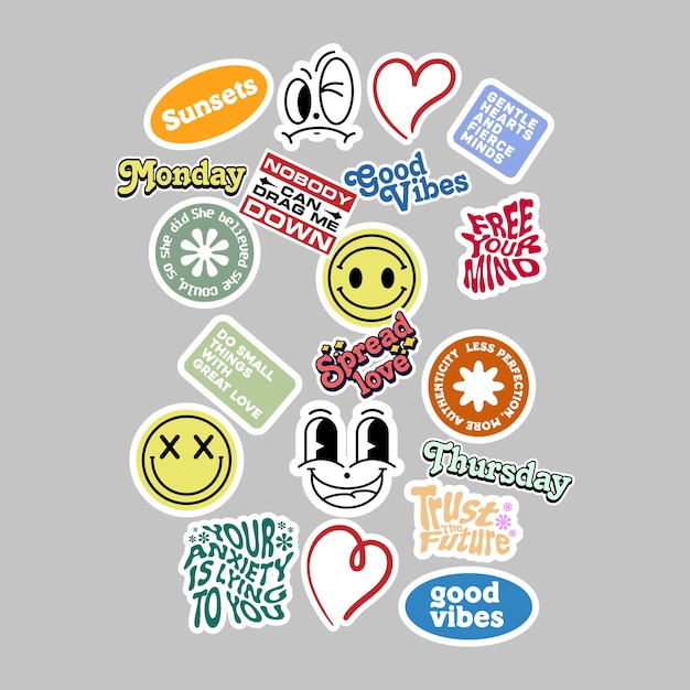 Stickerset Leuke vectorsjabloon versierd met cartoonafbeelding en esthetische citaten grafisch ontwerp