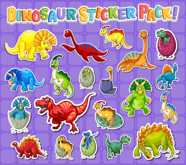 Stickerset met verschillende soorten stripfiguren van dinosaurussen