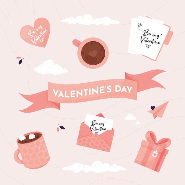 Stickerset voor valentijnsdag met schattige elementen in platte ontwerpvector