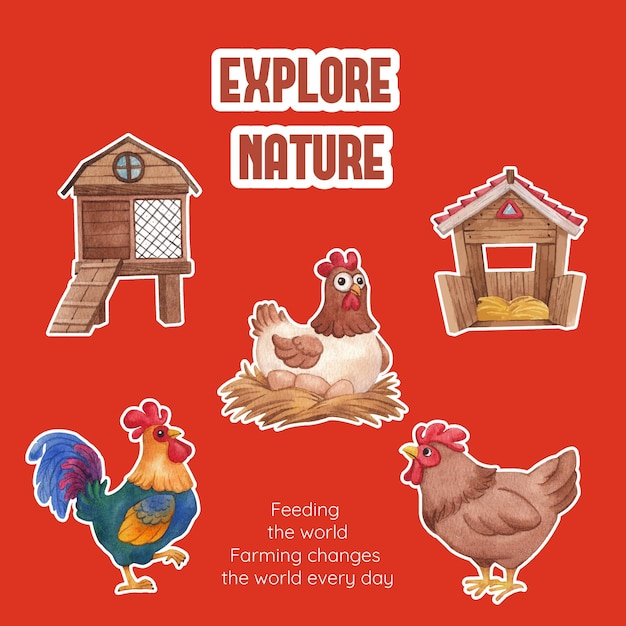 Stickersjabloon met concept van kippenboerderijvoedsel in aquarelstijl