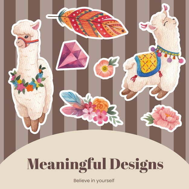 Vector stickersjabloon met schattige boho alpaca conceptwaterverfstijl