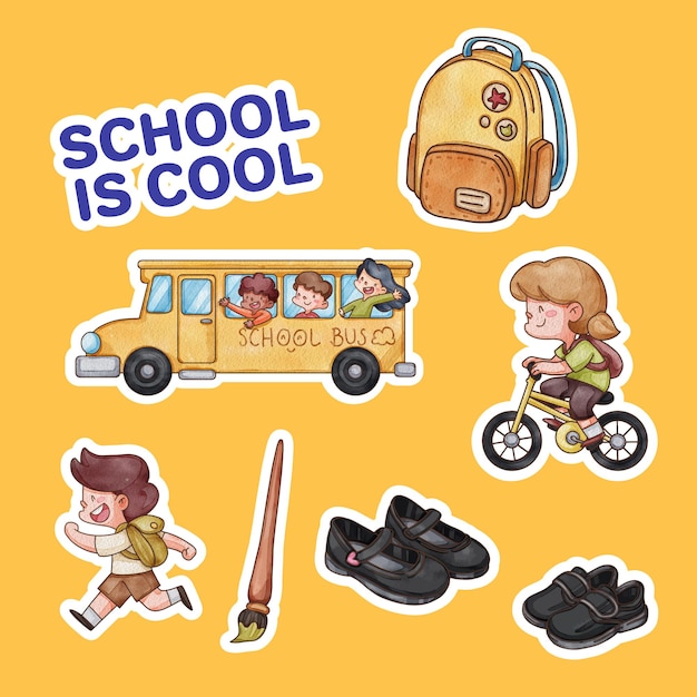 Stickersjabloon met terug naar school conceptwaterverfstijl