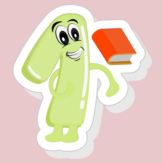 Stickerstijl Happy Cartoon 1-nummer met boekpictogram in groene en oranje kleur