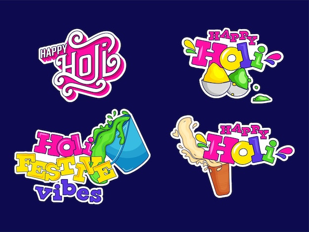 Stickerstijl Kleurrijke Happy Holi Festival-lettertypeset met Thandai-glazen kommen en emmer vol kleuren tegen blauwe achtergrond