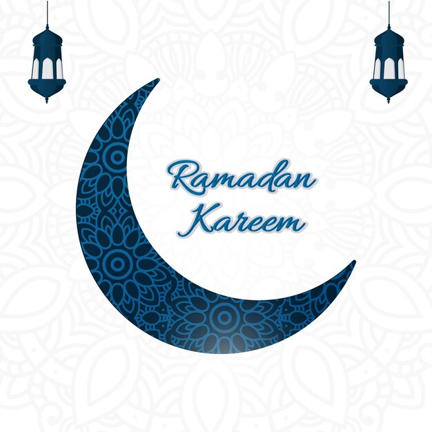 Stickerstijl Ramadan Kareem-lettertype met islamitisch patroon Halve maan in blauwe kleur en Arabische lantaarns op witte achtergrond