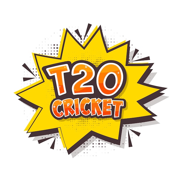 Stickerstijl t20 crickettekst over comic burst op halftone effect witte achtergrond.